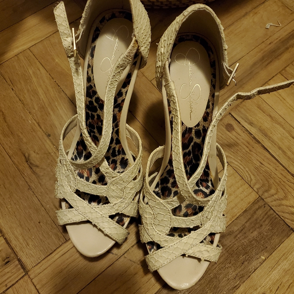Bone colored snake platform heels